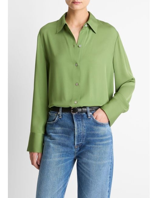 Vince Green Stretch-Silk Button-Front Blouse