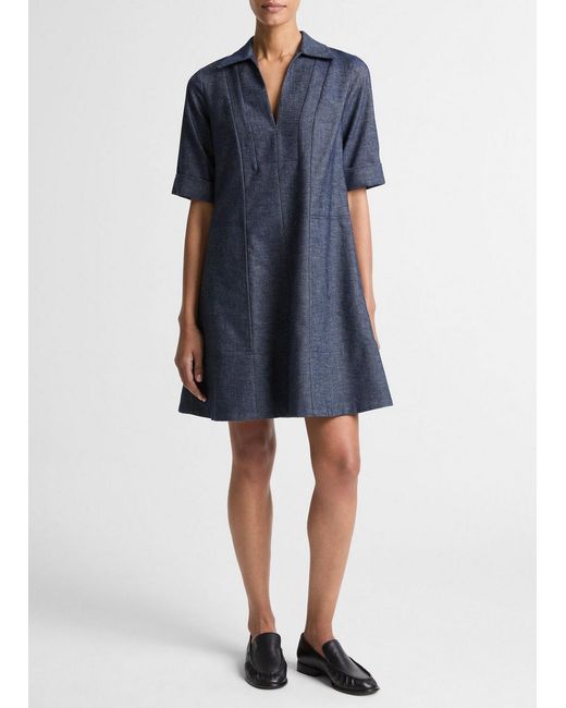 Vince Blue Cotton-Linen Chambray A-Line Dress