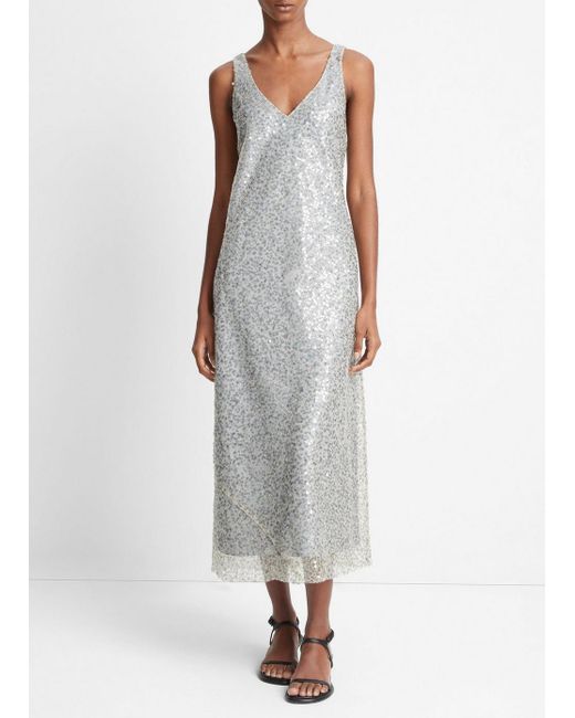 Vince White Lucite Metallic Sequin Slip Dress, Grey, Size S