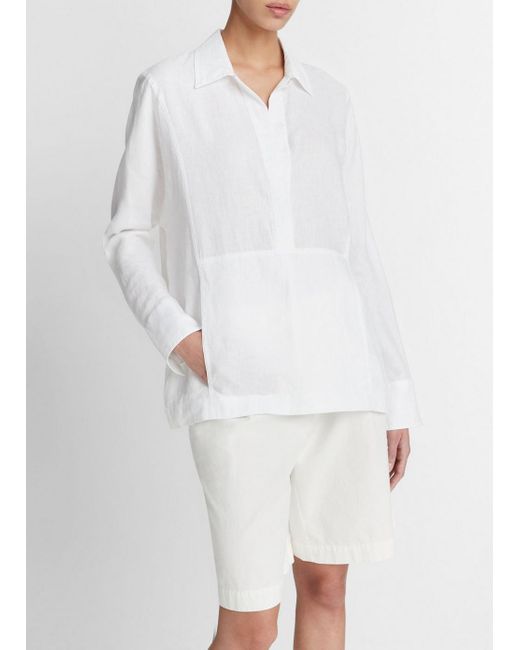 Vince Linen Relaxed Kangaroo-pocket Pullover Shirt, Optic White, Size L