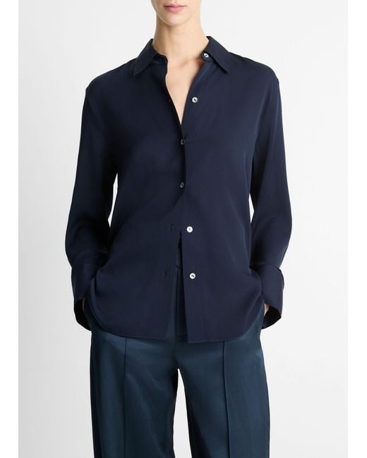 Vince Blue Stretch-Silk Button-Front Blouse