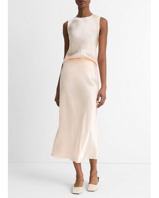 Vince Natural Contrast-Waistband Satin Bias Skirt