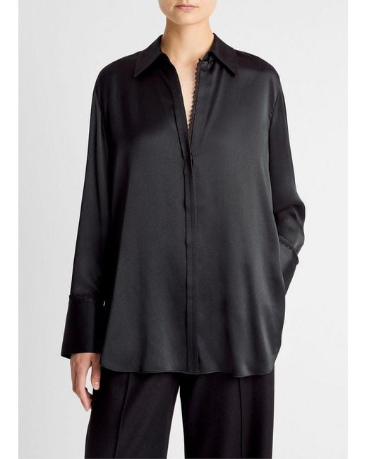 Vince Gray Lace-Trim Silk Relaxed Shirt