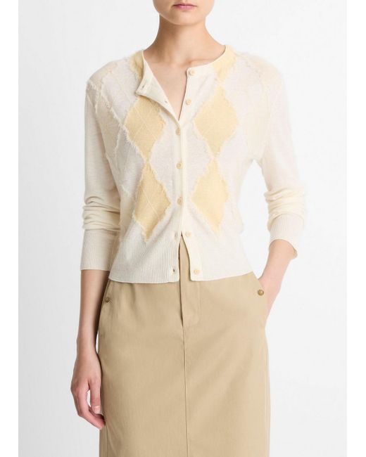 Vince Natural Hand-Cut Argyle Wool-Blend Cardigan