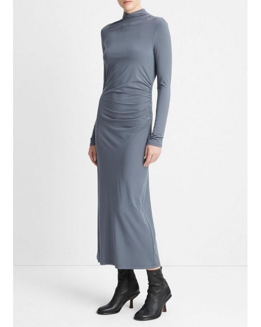 Vince Blue Long Sleeve Turtle Neck Rouched Dress