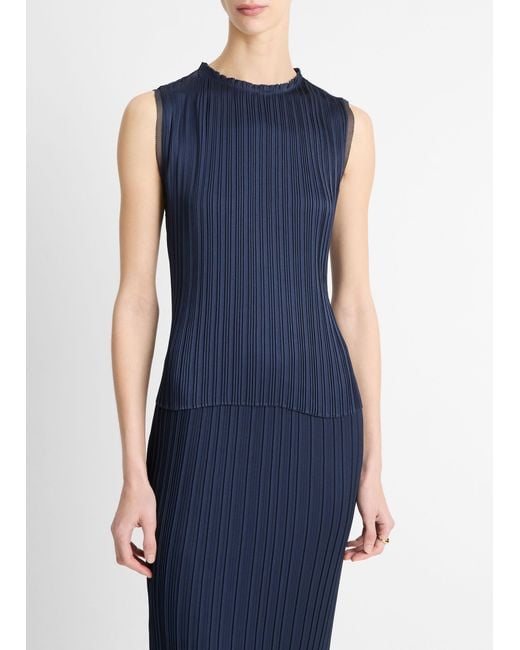 Vince Blue Pleated Satin Crew Neck Shell