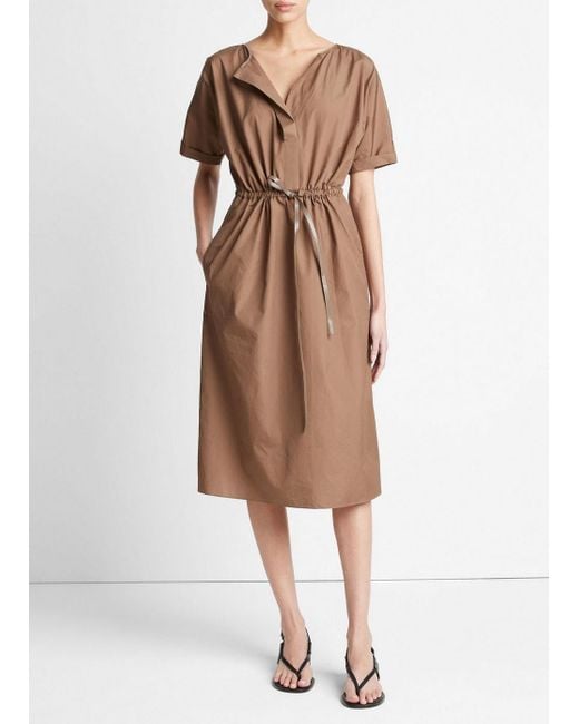 Vince Brown Cotton Belted Dolman-sleeve Dress, Earthen, Size S