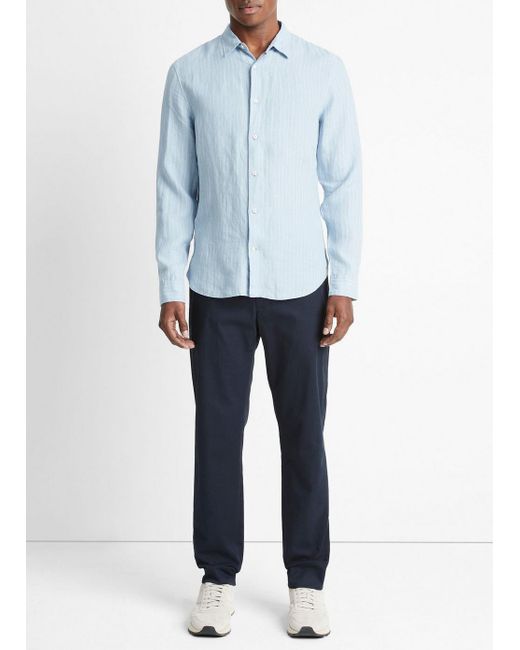Vince Bayside Stripe Linen Long-sleeve Shirt, Lake Blue/optic White, Size S for men