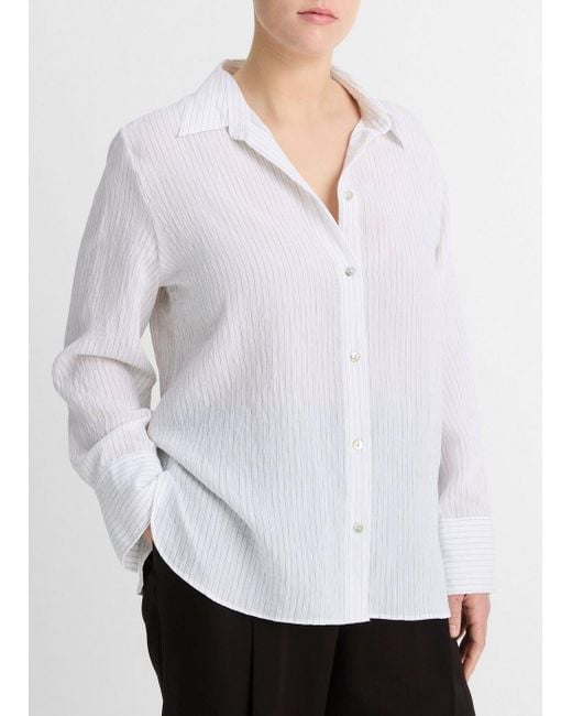 Vince Fine Stripe Relaxed Long-sleeve Shirt, Optic White/black Stripe, Size 1xl