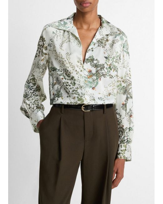 Vince Gray Smocked Grape Vine Silk Long-Sleeve Blouse