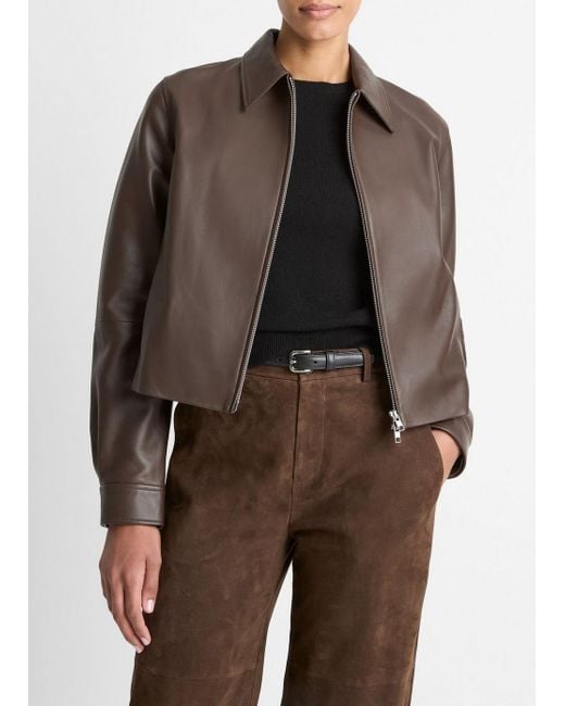 Vince Brown Leather Cropped Zip-Front Jacket