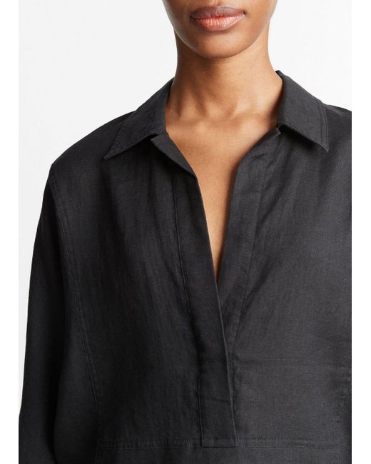 Vince Linen Relaxed Kangaroo-pocket Pullover Shirt, Black, Size S