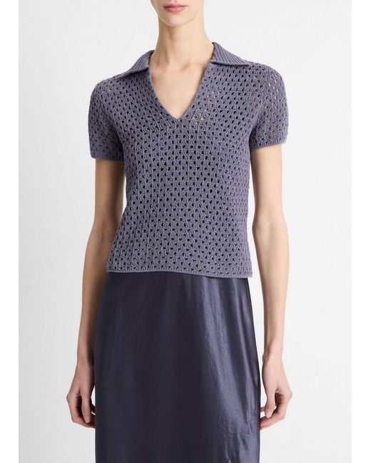 Vince Blue Macramé Cotton Polo Sweater