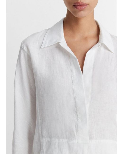 Vince Linen Relaxed Kangaroo-pocket Pullover Shirt, Optic White, Size L