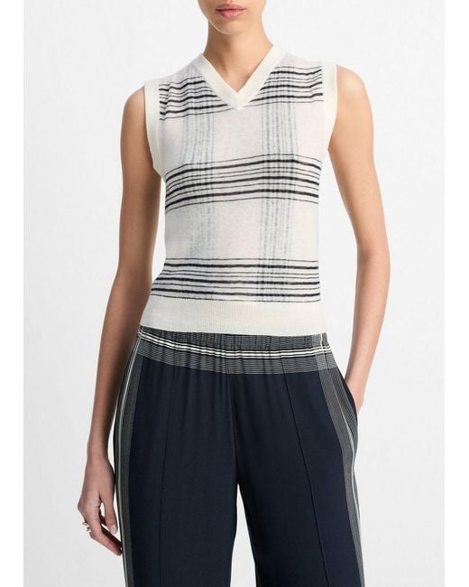 Vince Blue Featherweight Plaid Wool Sweater Vest