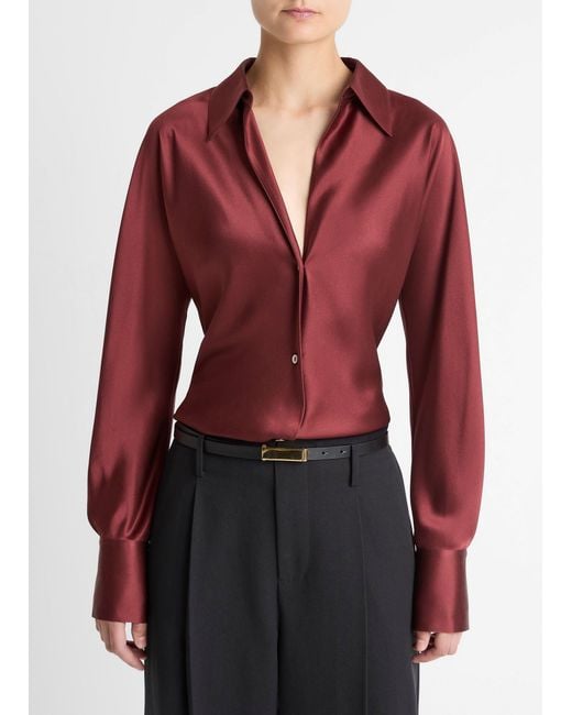 Vince Women's Red Silk Bias Long-Sleeve Blouse