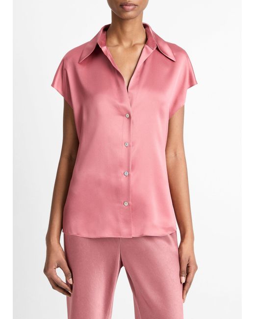 Vince Pink Silk Cap-Sleeve Ruched-Back Blouse