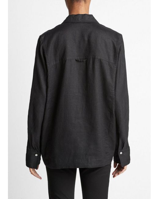 Vince Linen Relaxed Kangaroo-pocket Pullover Shirt, Black, Size S