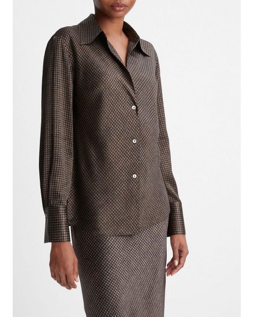 Vince Brown Houndstooth Silk Bias Long-sleeve Blouse, Black, Size Xl