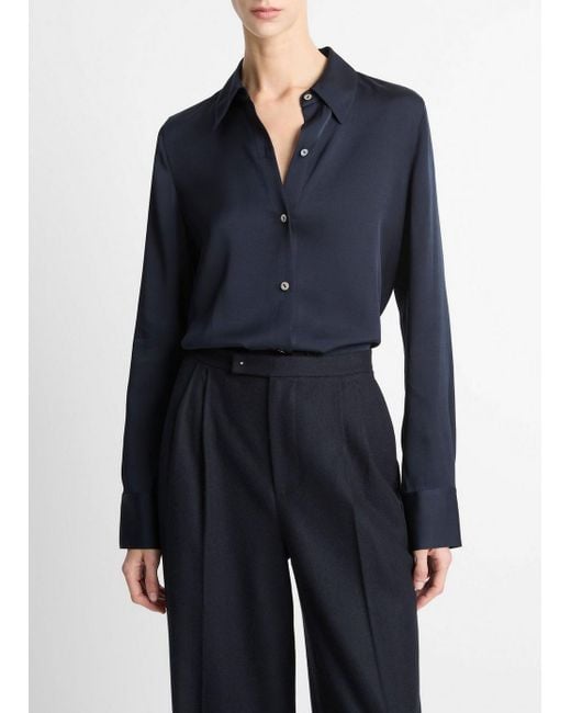 Vince Blue Silk-Blend Slim Button-Front Blouse