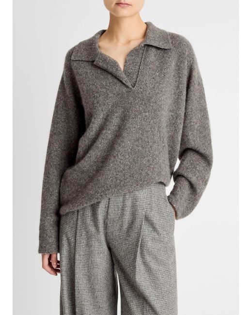 Vince Gray Donegal Plush Cashmere Dolman-Sleeve Polo Sweater