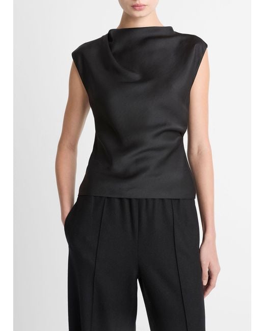 Vince Black Satin Draped Cowl-Neck Top