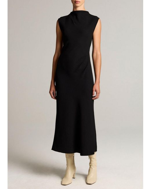 Vince Black Draped Crepe Funnel-Neck Dress
