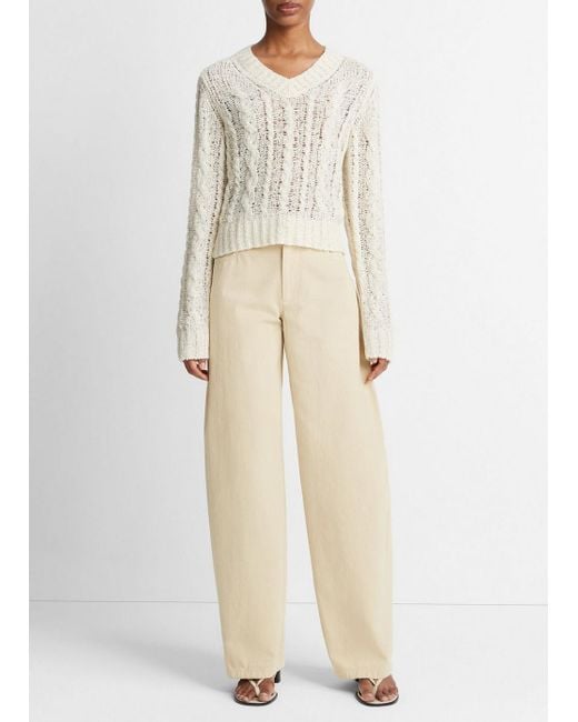 Vince Natural Textured Cable V-neck Sweater, Cream, Size S