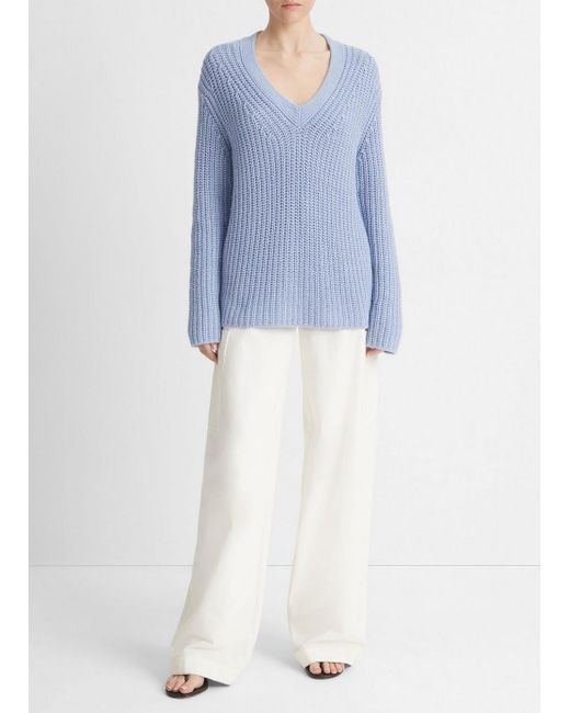 Vince Shaker Stitch V-neck Sweater, Blue, Size S