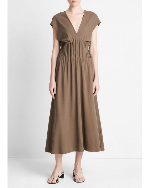 Vince Brown Pintuck Cotton V-neck Dress, Earthen, Size L