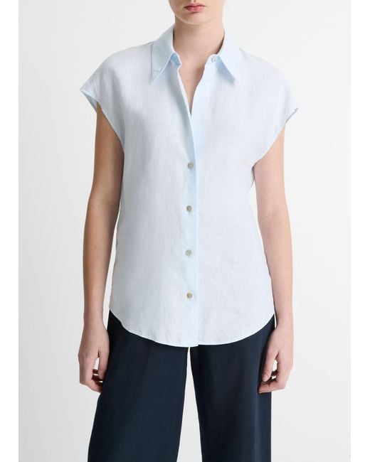 Vince White Linen Cap-Sleeve Button-Front Blouse
