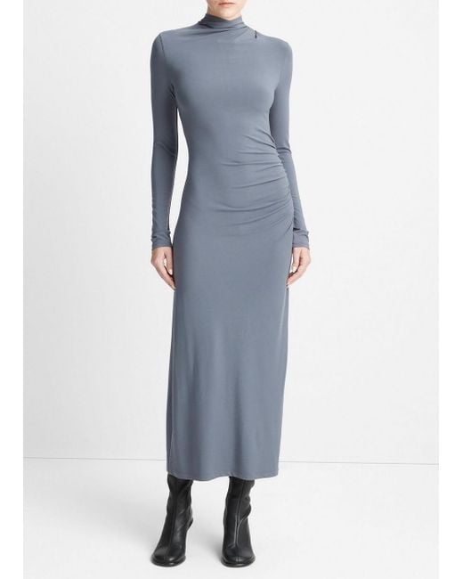 Vince Blue Long Sleeve Turtle Neck Rouched Dress