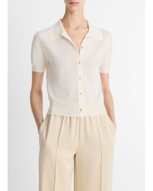 Vince Natural Wool-Blend Collared Button-Front Sweater