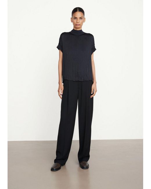 Vince Rib Mock Neck Crushed Satin Long Sleeve Blouse in Black | Lyst