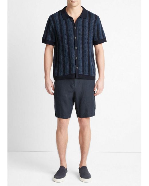 Vince Crochet Stripe Short-sleeve Button-front Shirt, Coastal Blue Combo, Size S for men