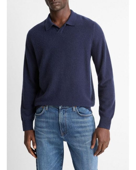 Vince Blue Feed Stripe Plush Cashmere Johnny-Collar Sweater for men
