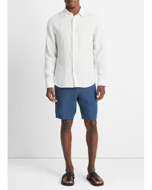 Vince Bayside Stripe Linen Long-sleeve Shirt, Optic White/deep Indigo, Size M for men