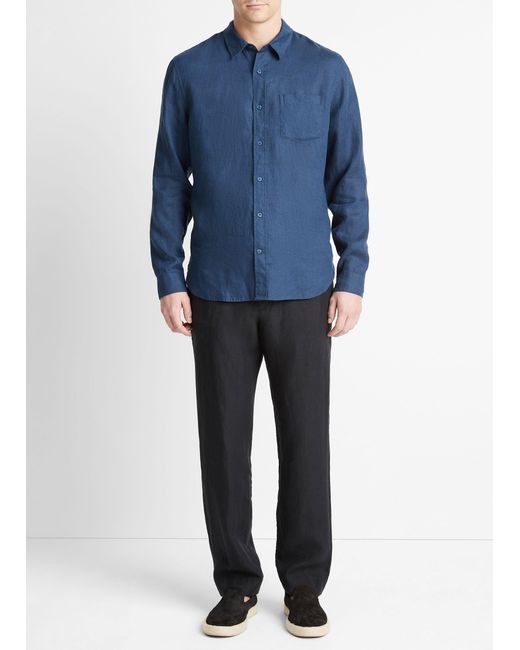 Vince Blue Linen Long-sleeve Shirt, Deep Indigo, Size Xs for men
