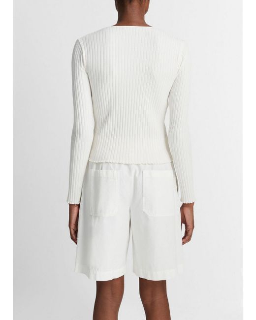 Vince Ribbed Snap-front Long-sleeve Top, Off White, Size S