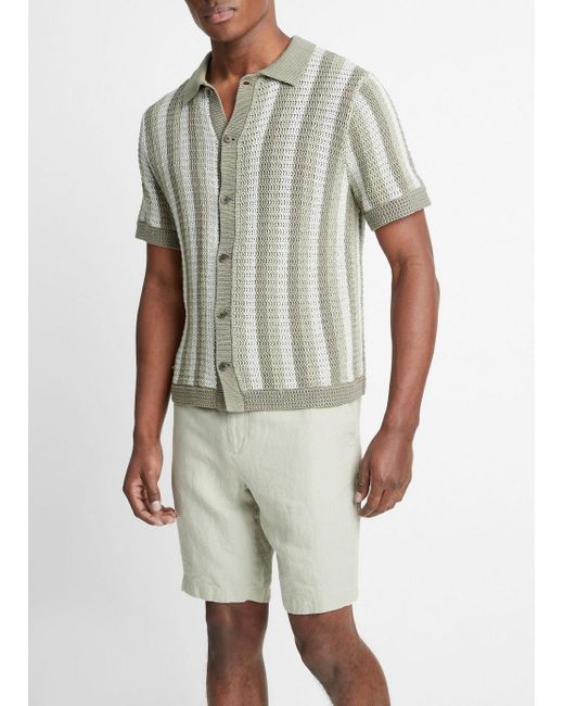 Vince Natural Crochet Stripe Short-sleeve Button-front Shirt, Dried Cactus Combo, Size L for men