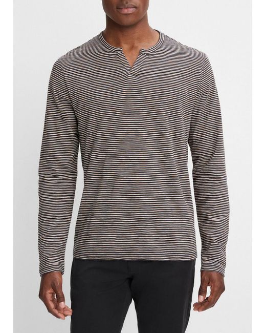 Vince Gray Striped Slub Cotton Split-neck Long-sleeve T-shirt, Multicolor, Size M for men