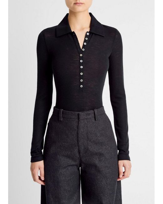 Vince Blue Wool Long-Sleeve Polo Top