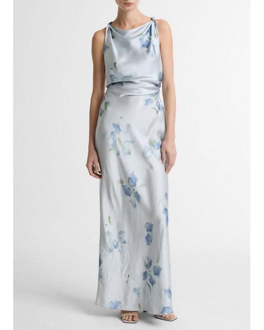 Vince Blue Petal Blur Satin Twist-Shoulder Dress