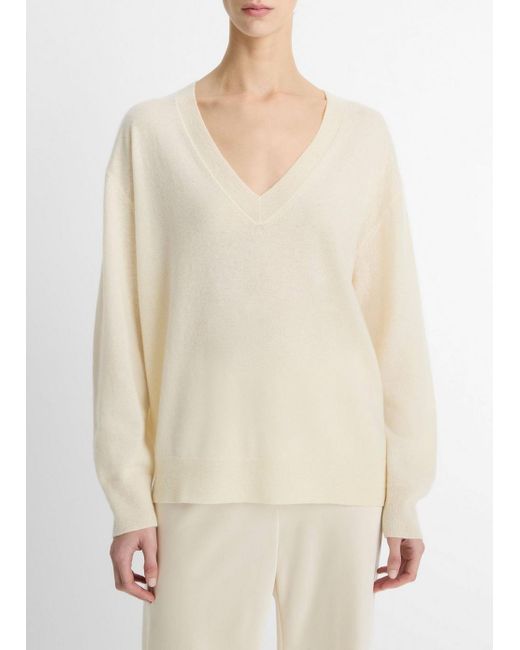 Vince White Cashmere-Silk Deep V-Neck Sweater