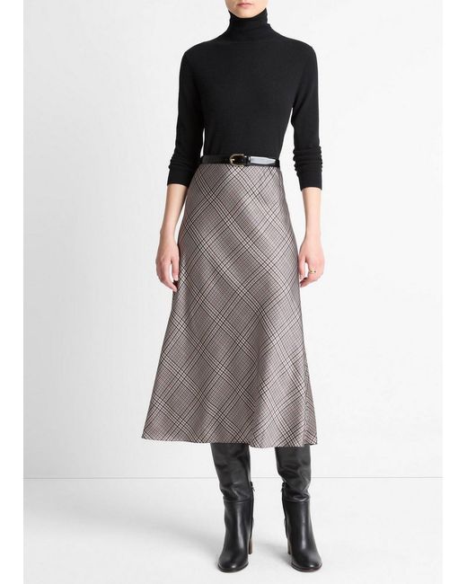 Vince Multicolor Pressed Plaid Satin Slip Skirt