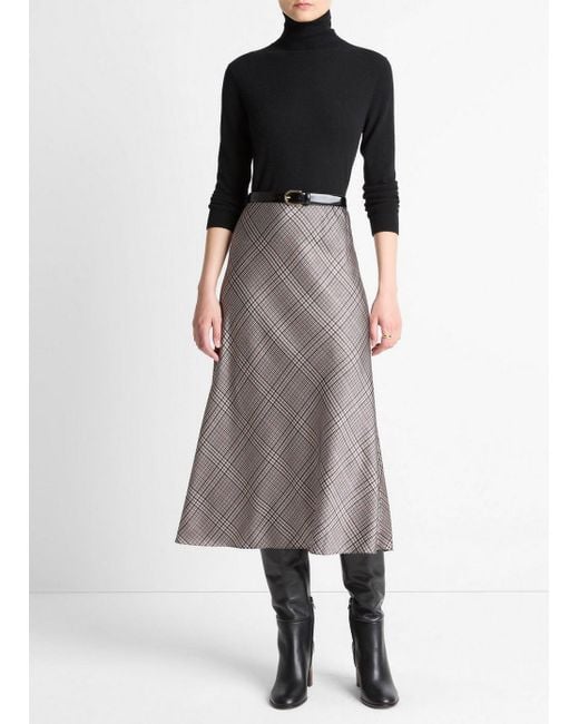 Vince Multicolor Pressed Plaid Satin Slip Skirt