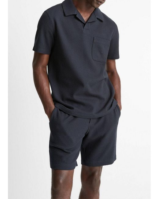 Vince Black Seersucker-Knit Stretch-Cotton Short-Sleeve Johnny-Collar Shirt for men