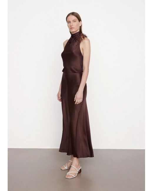 vince draped neck halter dress $596 Vince Women's Brown Satin Feather Draped High Neck A-Line Dress Size 0
