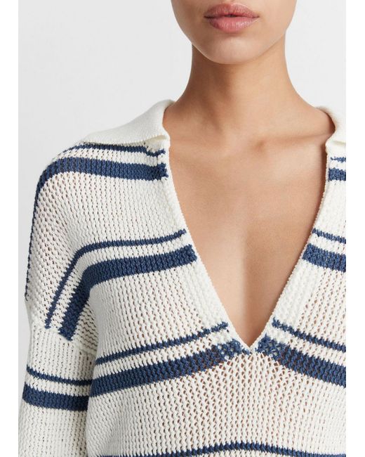 Vince Striped Rack-ribbed Cotton Pullover, Off White Combo, Size M