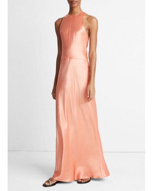Vince Multicolor Satin High-neck Dress, Coral, Size Xs